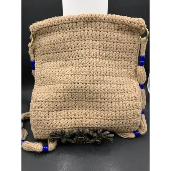 Vintage 70s Handmade Tan Crochet Boho w/Tassels Shoulder Bag Purse Fully Lined! - Picture 6 of 7